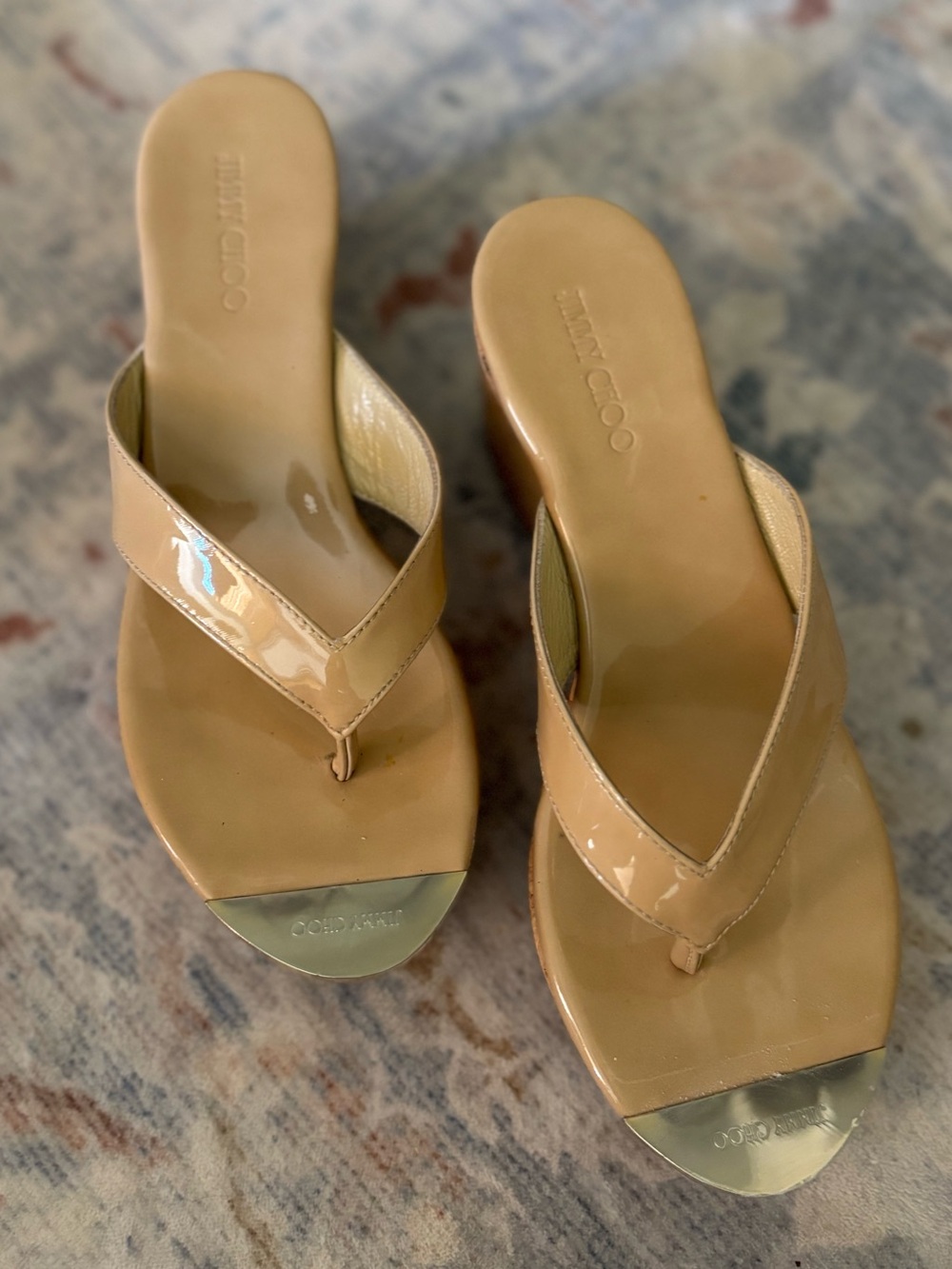 Authentic Jimmy Choo Pathos Patent Nude Cork Wedge Sandals Size 37